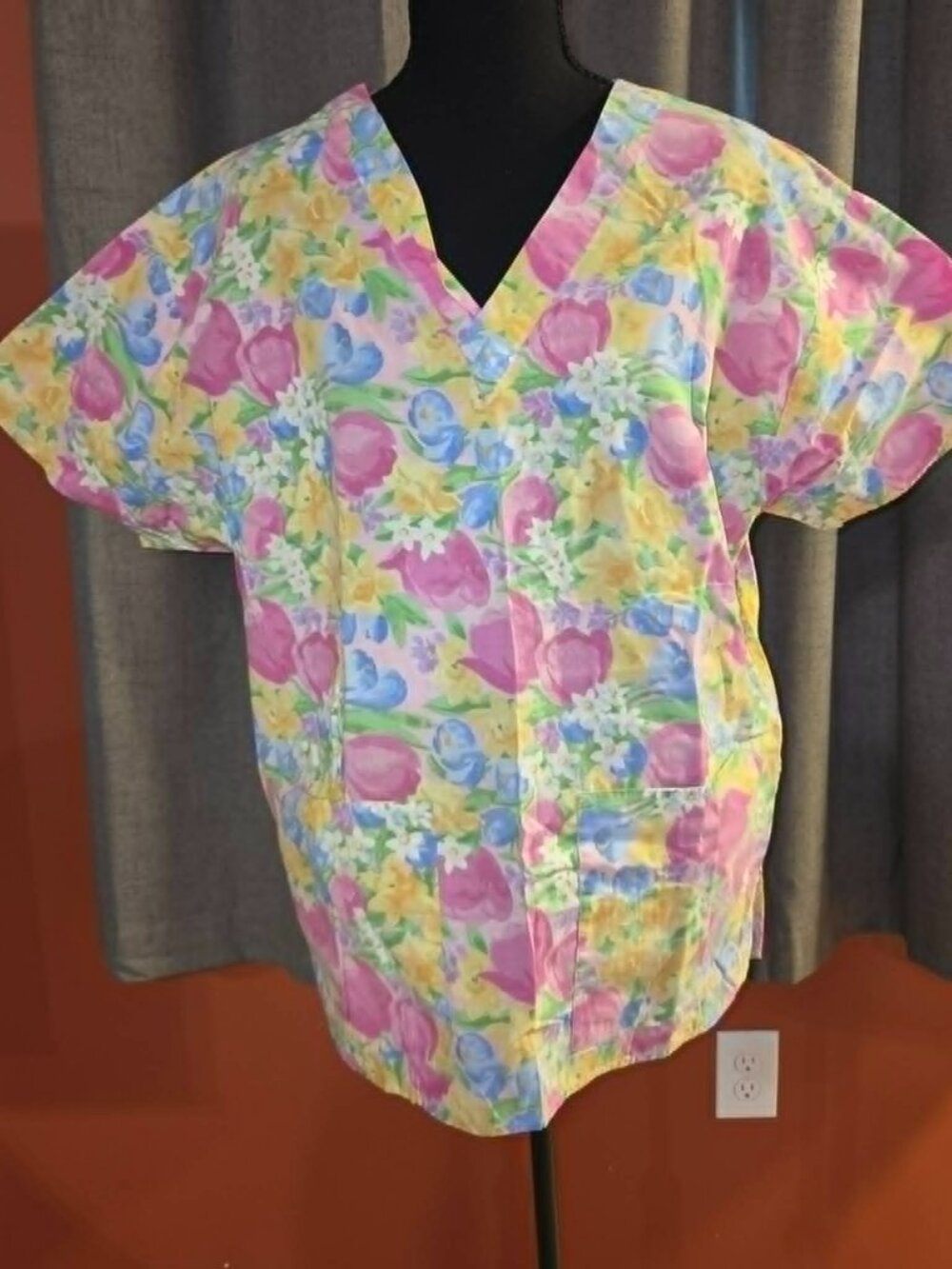 Jaylyn Floral Scrub Top Pink Yellow Blue V-Neck